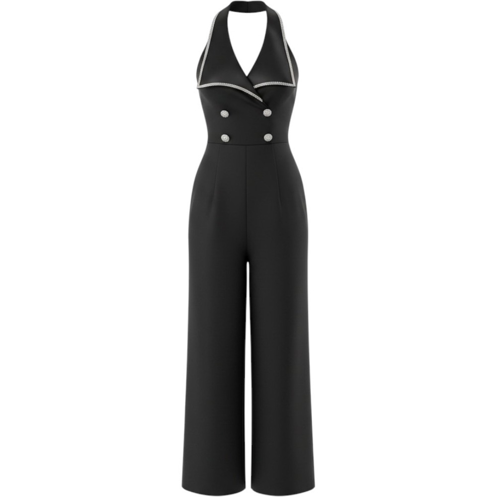 Dave & Johnny Vintage Black Halter Jumpsuit Rhinestone Tuxedo Wide Leg XS 3/4